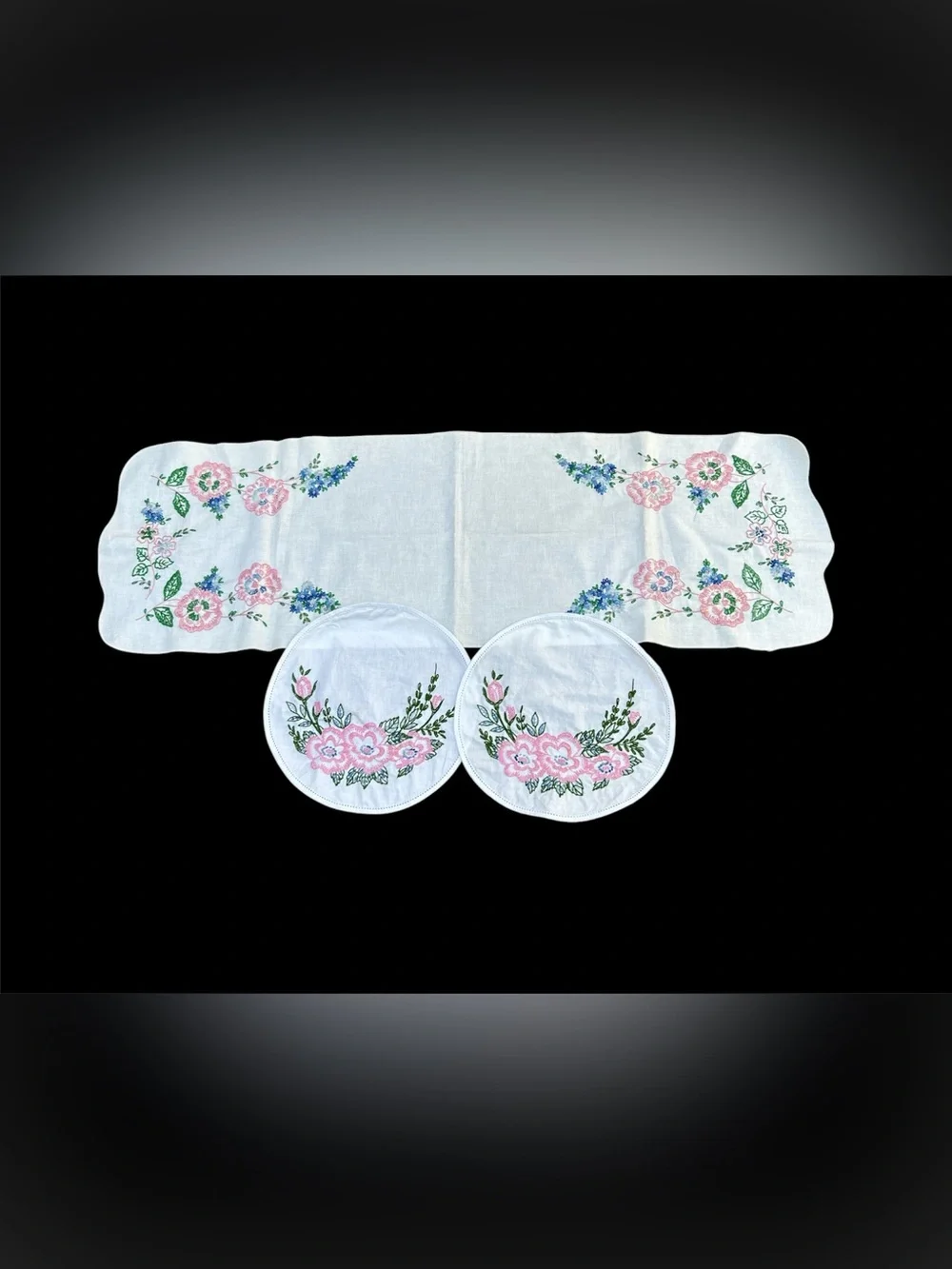 Vintage Set Hand-embroidered Runner & 2 Doilies